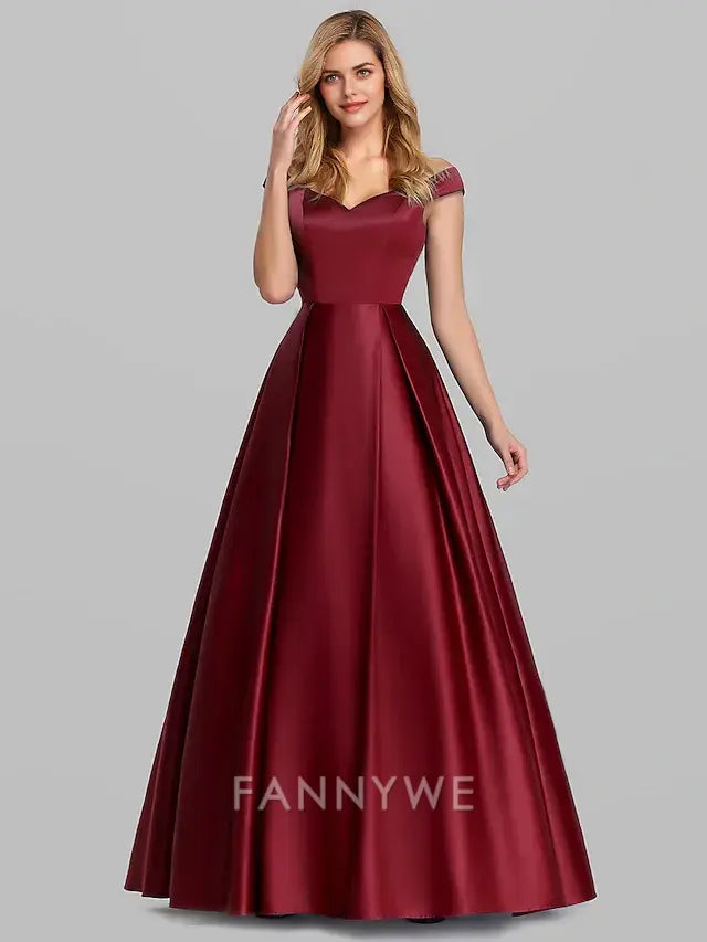 FannyWe Simple Ball Gown Black Dress Party Dress Elegant Quinceanera Prom Birthday Dress Off Shoulder Short Sleeve Floor Length Satin with Pleats dress to impress