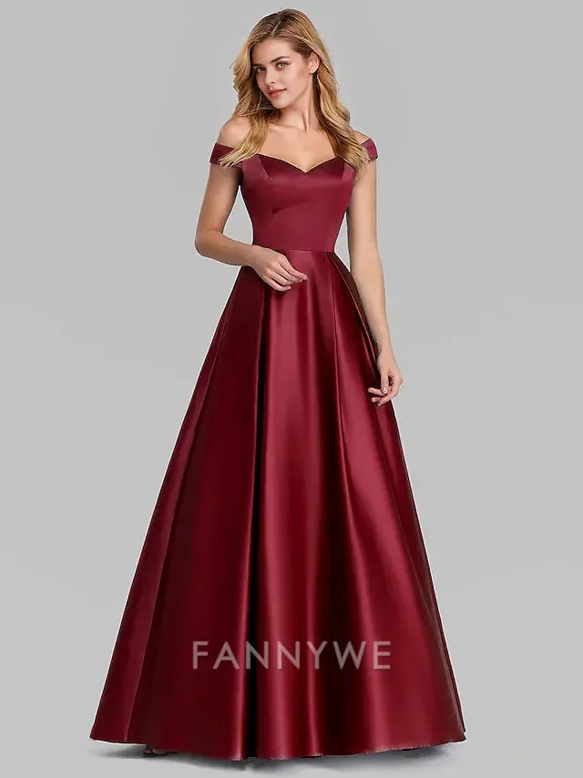 FannyWe Simple Ball Gown Black Dress Party Dress Elegant Quinceanera Prom Birthday Dress Off Shoulder Short Sleeve Floor Length Satin with Pleats dress to impress