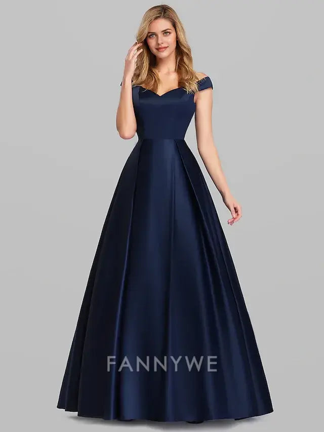 FannyWe Simple Ball Gown Black Dress Party Dress Elegant Quinceanera Prom Birthday Dress Off Shoulder Short Sleeve Floor Length Satin with Pleats dress to impress