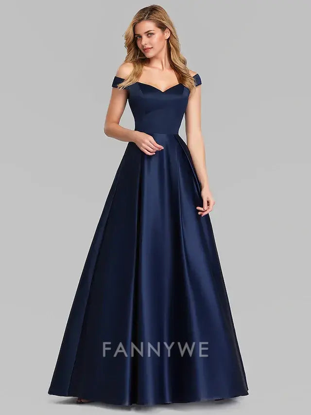 FannyWe Simple Ball Gown Black Dress Party Dress Elegant Quinceanera Prom Birthday Dress Off Shoulder Short Sleeve Floor Length Satin with Pleats dress to impress