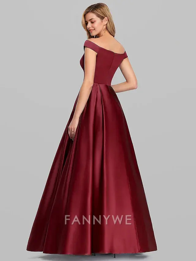 FannyWe Simple Ball Gown Black Dress Party Dress Elegant Quinceanera Prom Birthday Dress Off Shoulder Short Sleeve Floor Length Satin with Pleats dress to impress