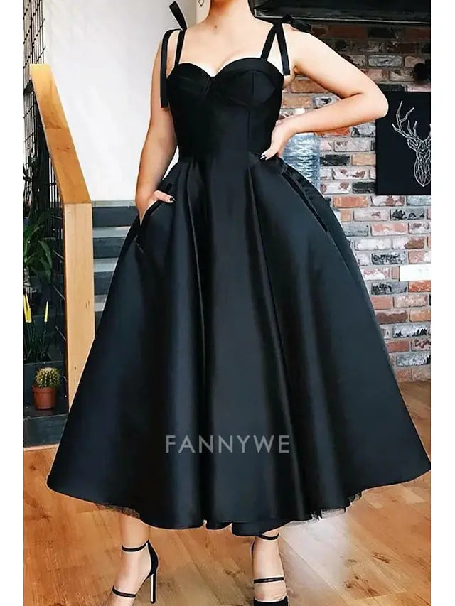 FannyWe Simple Ball Gown Cocktail Dresses Vintage Dress Valentine's Day Wedding Guest Tea Length Sleeveless Spaghetti Strap Wednesday Addams Family Satin with Pleats