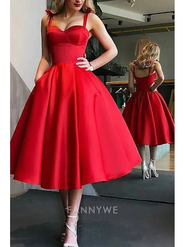 FannyWe Simple Ball Gown Cocktail Dresses Vintage Dress Valentine's Day Wedding Guest Tea Length Sleeveless Spaghetti Strap Wednesday Addams Family Satin with Pleats