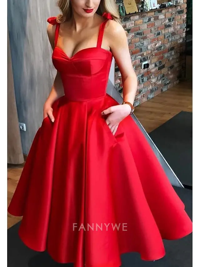 FannyWe Simple Ball Gown Cocktail Dresses Vintage Dress Valentine's Day Wedding Guest Tea Length Sleeveless Spaghetti Strap Wednesday Addams Family Satin with Pleats