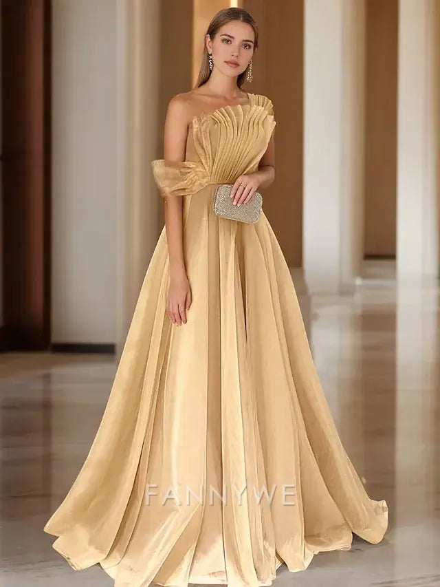 FannyWe Simple Ball Gown Prom Dresses Elegant Dress Wedding Black Tie Court Train Sleeveless One Shoulder Organza with Ruched