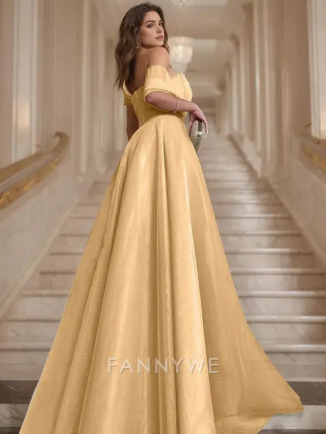 FannyWe Simple Ball Gown Prom Dresses Elegant Dress Wedding Black Tie Court Train Sleeveless One Shoulder Organza with Ruched