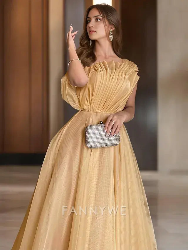 FannyWe Simple Ball Gown Prom Dresses Elegant Dress Wedding Black Tie Court Train Sleeveless One Shoulder Organza with Ruched