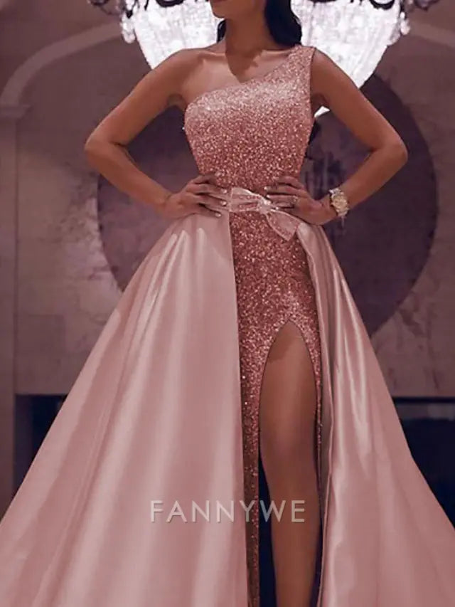 FannyWe Simple Ball Gown Prom Dresses Sparkle & Shine Dress Wedding Guest Evening Party Floor Length Sleeveless One Shoulder Detachable Satin with Bow(s) Sequin Slit