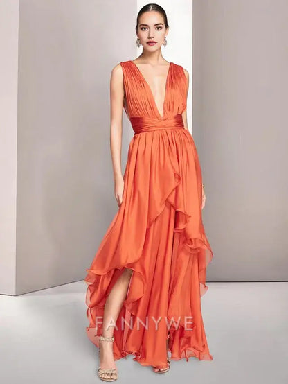 FannyWe Simple Beach Wedding A-Line Prom Dresses Elegant Dress Formal Summer Asymmetrical Sleeveless V Neck Chiffon with Ruched