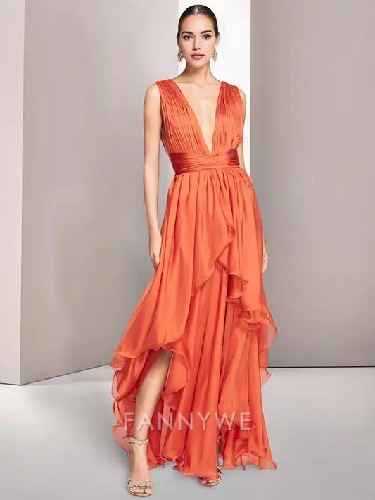 FannyWe Simple Beach Wedding A-Line Prom Dresses Elegant Dress Formal Summer Asymmetrical Sleeveless V Neck Chiffon with Ruched