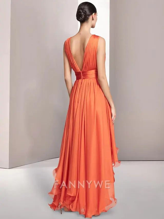 FannyWe Simple Beach Wedding A-Line Prom Dresses Elegant Dress Formal Summer Asymmetrical Sleeveless V Neck Chiffon with Ruched