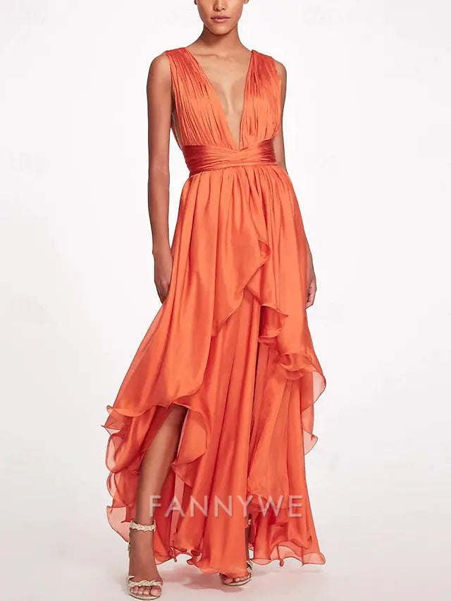 FannyWe Simple Beach Wedding A-Line Prom Dresses Elegant Dress Formal Summer Asymmetrical Sleeveless V Neck Chiffon with Ruched