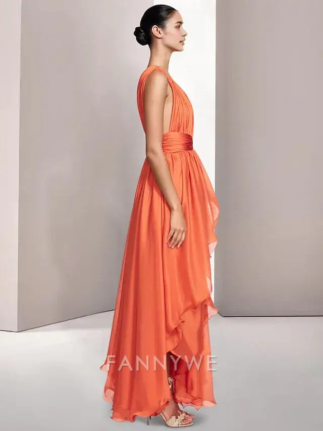FannyWe Simple Beach Wedding A-Line Prom Dresses Elegant Dress Formal Summer Asymmetrical Sleeveless V Neck Chiffon with Ruched