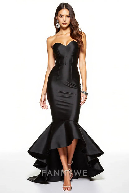 FannyWe Simple Black Corset Sweetheart Mermaid High-Low Black Tie Dress