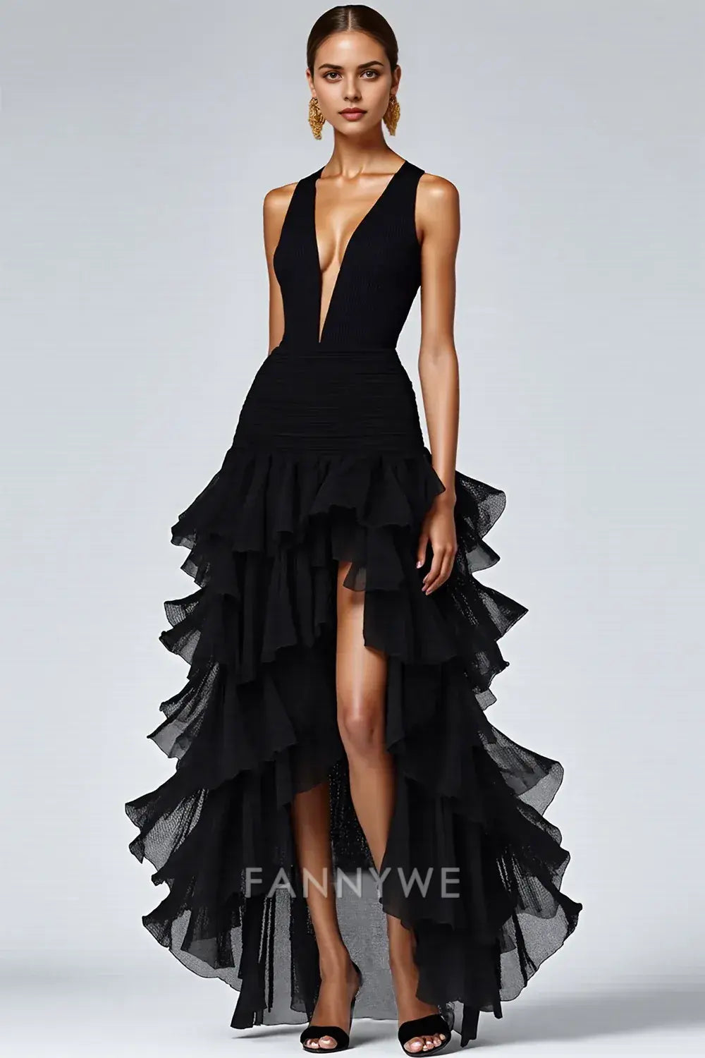 FannyWe Simple Black Deep V-Neck Tiered Long A Line Formal Dress with Slit