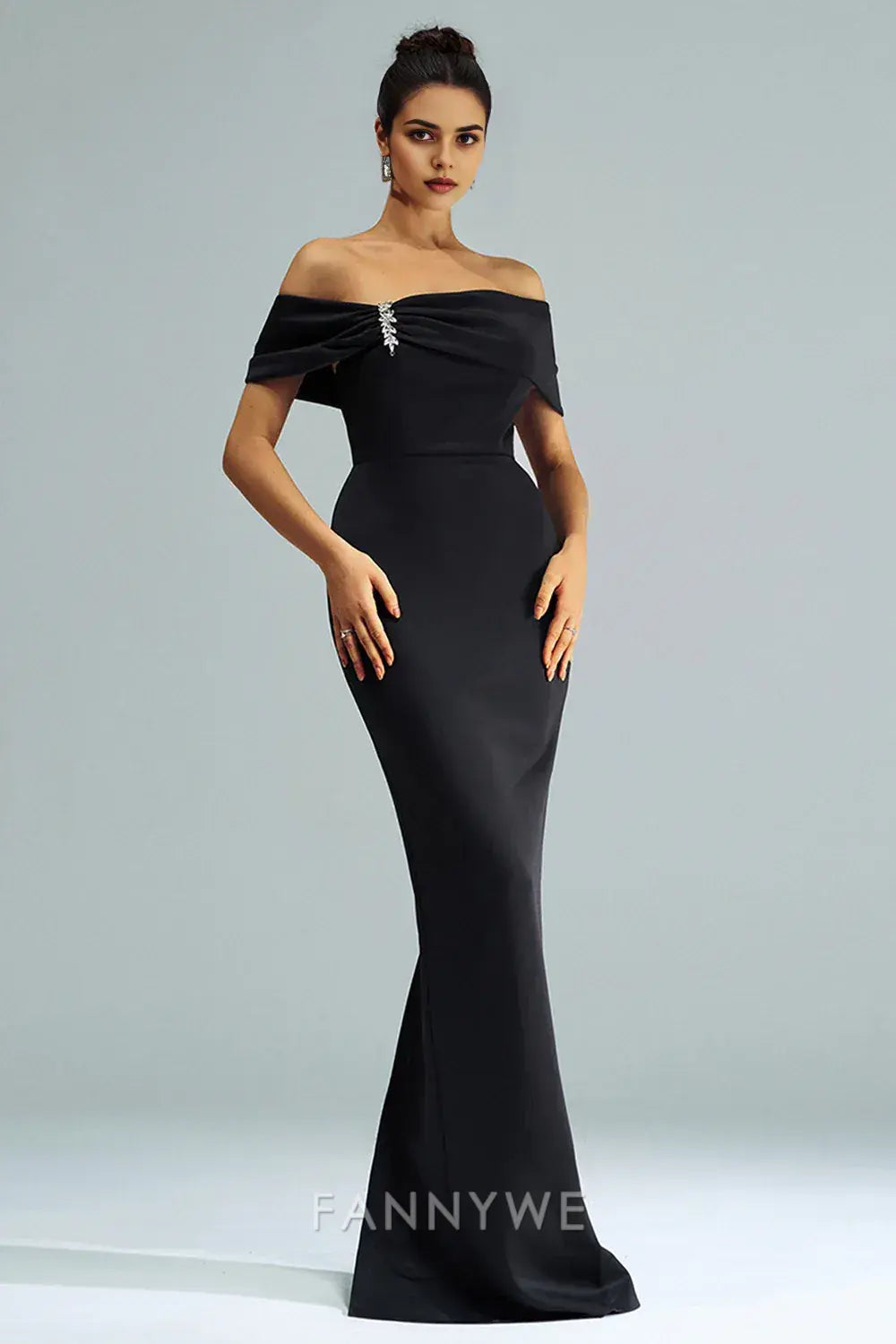 FannyWe Simple Black Mermaid Off the Shoulder Satin Long Prom Dress with Slit