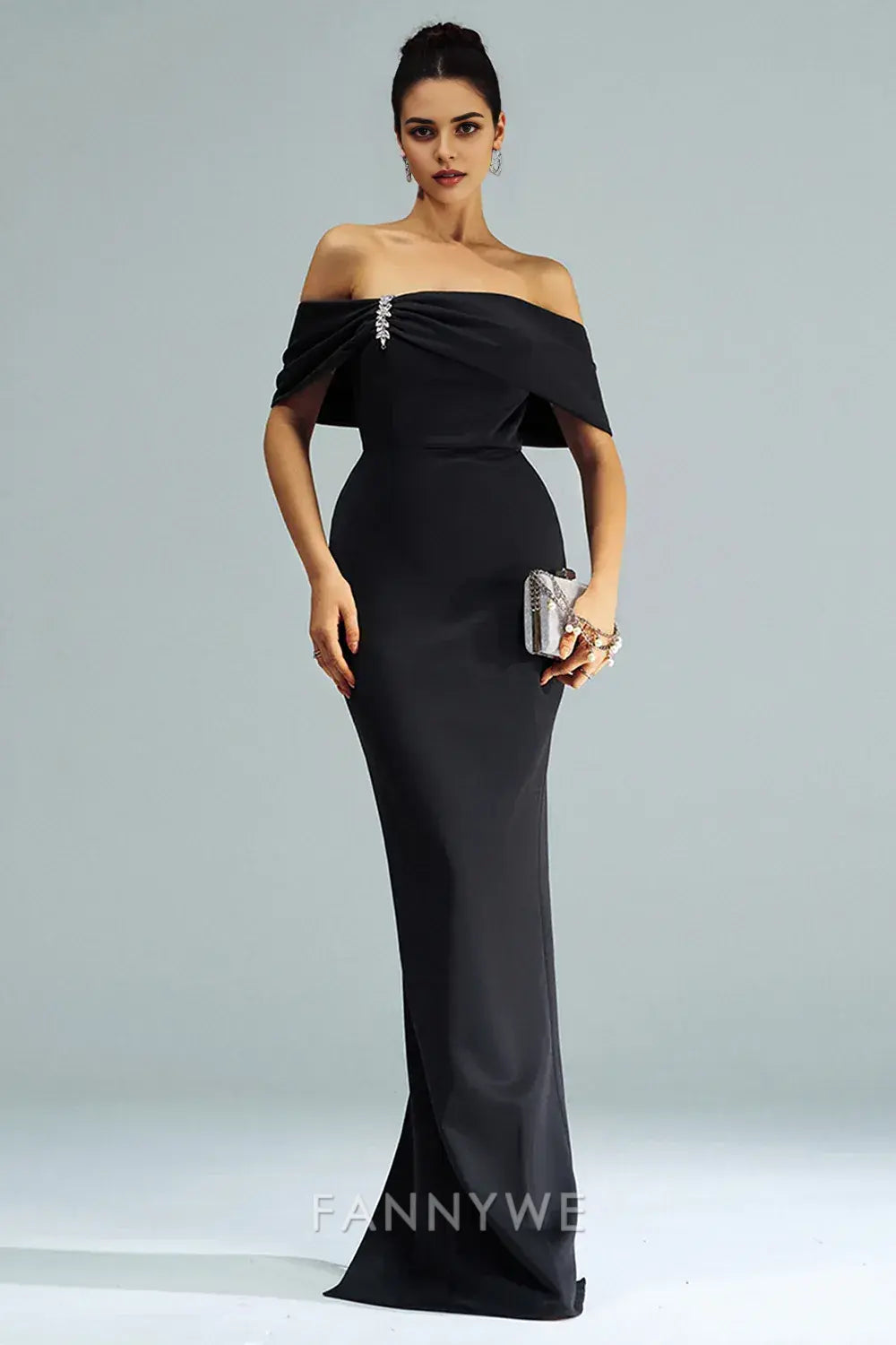 FannyWe Simple Black Mermaid Off the Shoulder Satin Long Prom Dress with Slit