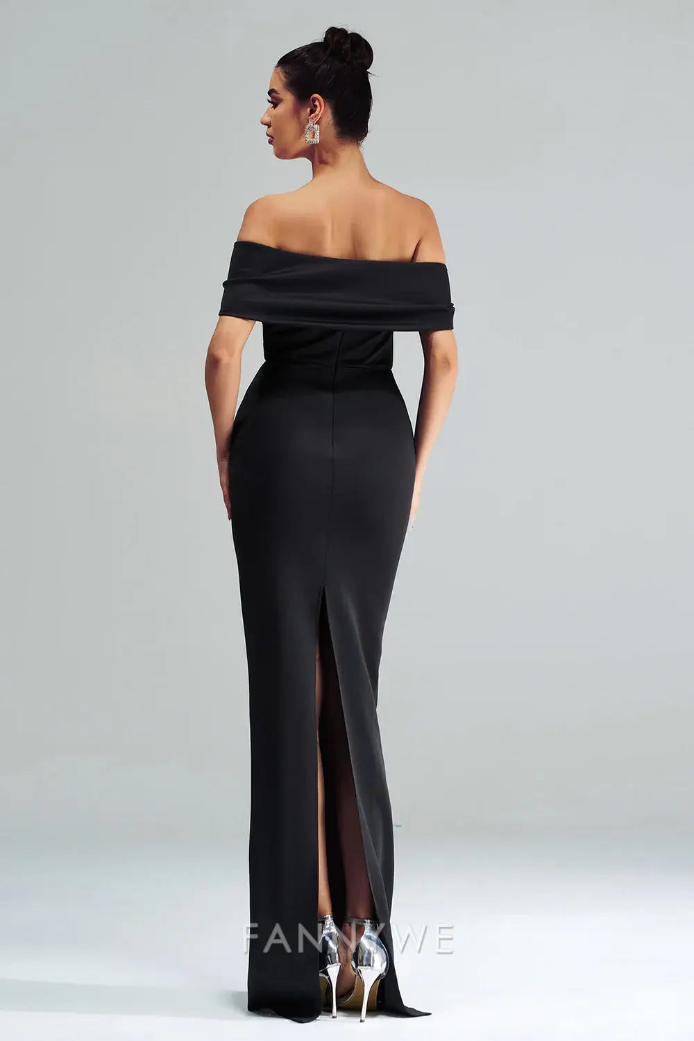 FannyWe Simple Black Mermaid Off the Shoulder Satin Long Prom Dress with Slit