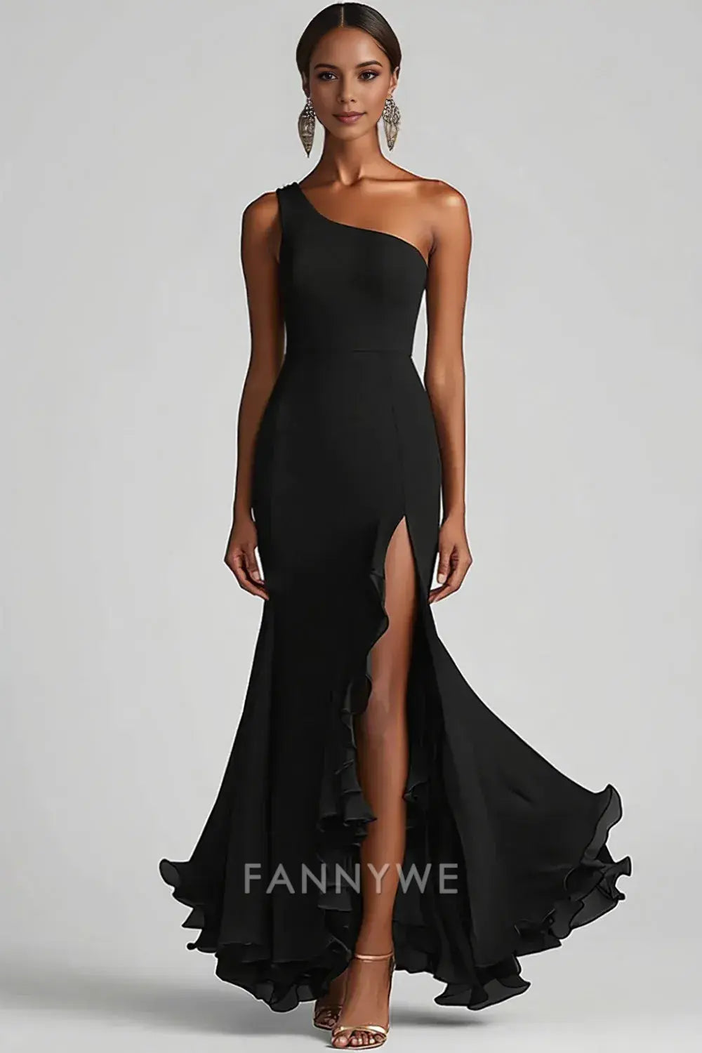 FannyWe Simple Black Mermaid One Shoulder Chiffon Long Ruffled Formal Dress with Slit