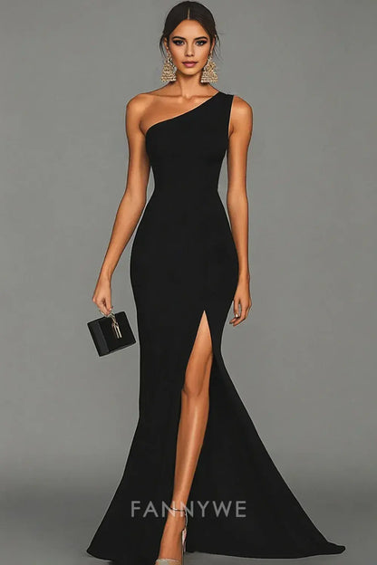 FannyWe Schlichtes schwarzes Meerjungfrau-Kleid mit einer Schulter und langem Satin-Ballkleid mit Schlitz 