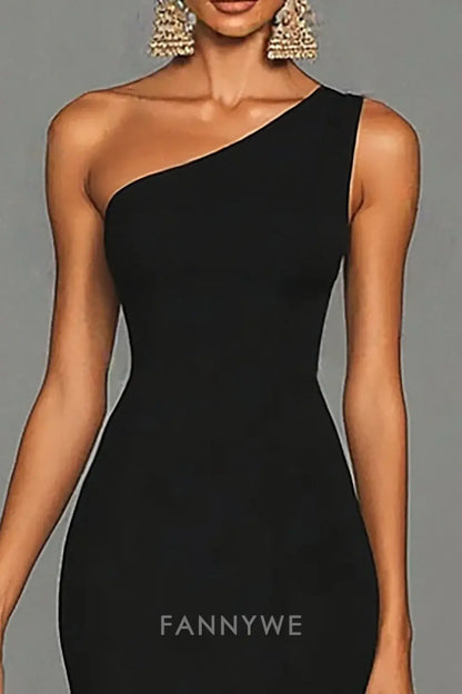 FannyWe Schlichtes schwarzes Meerjungfrau-Kleid mit einer Schulter und langem Satin-Ballkleid mit Schlitz 