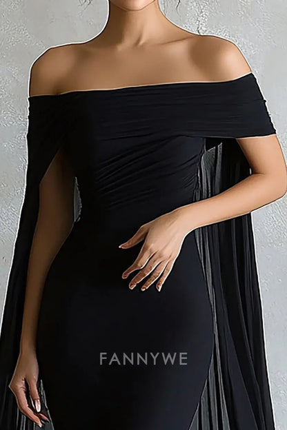 Vestido de noche largo FannyWe con escote sirena, de satén negro, hombros descubiertos y gorra 