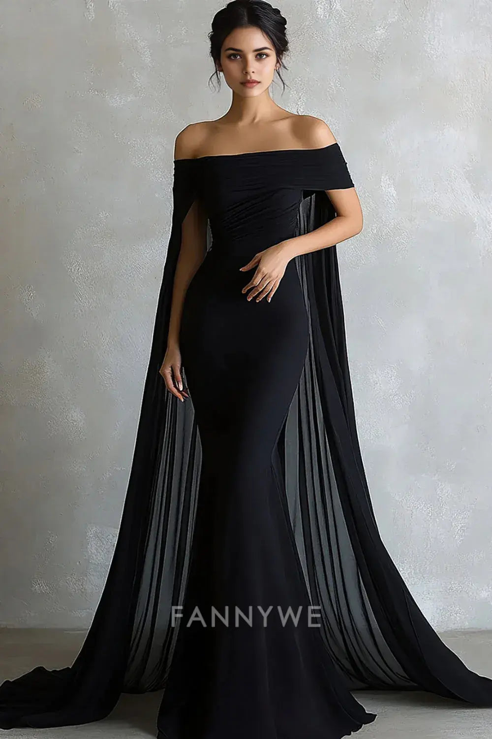 FannyWe Simple Black Mermaid Satin Off the Shoulder Long Evening Dress with Cap
