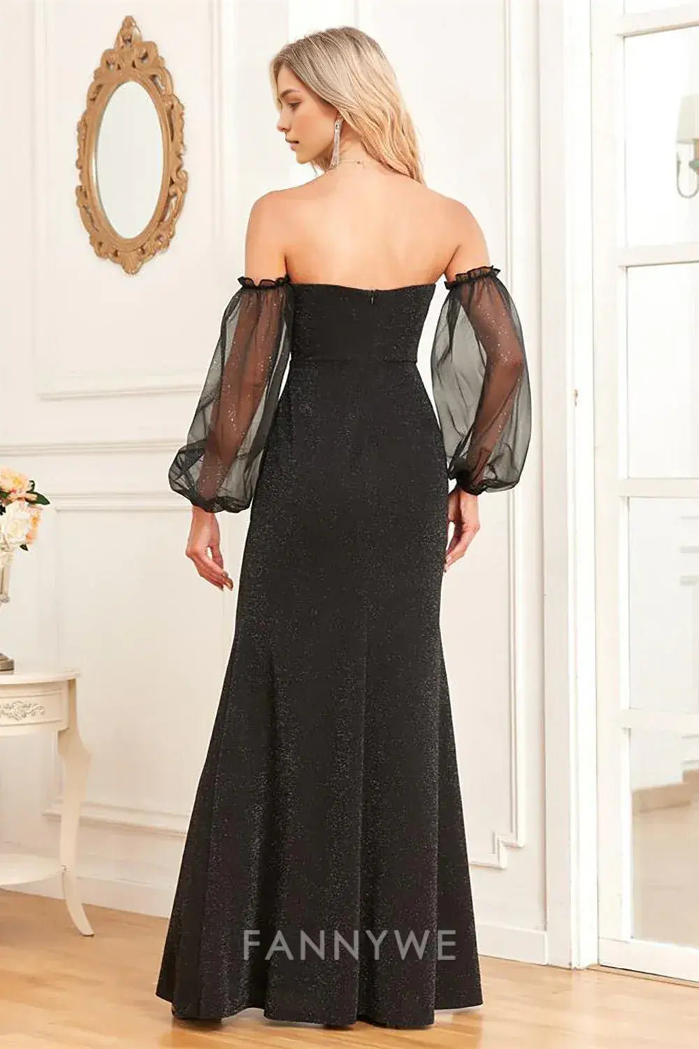 FannyWe Simple Black Off - Shoulder Maxi Dress with Organza Lantern Sleeves formal wear dresses