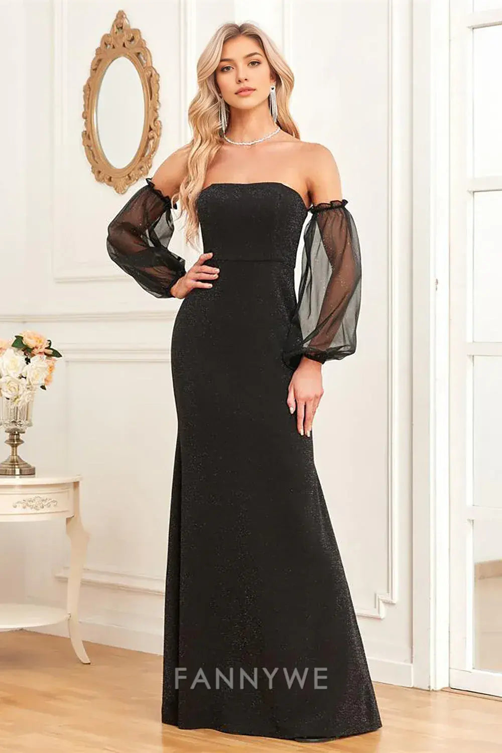 FannyWe Simple Black Off - Shoulder Maxi Dress with Organza Lantern Sleeves formal wear dresses