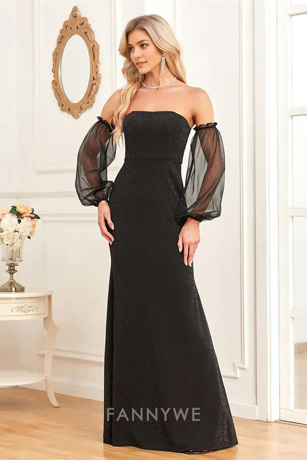 FannyWe Simple Black Off - Shoulder Maxi Dress with Organza Lantern Sleeves formal wear dresses