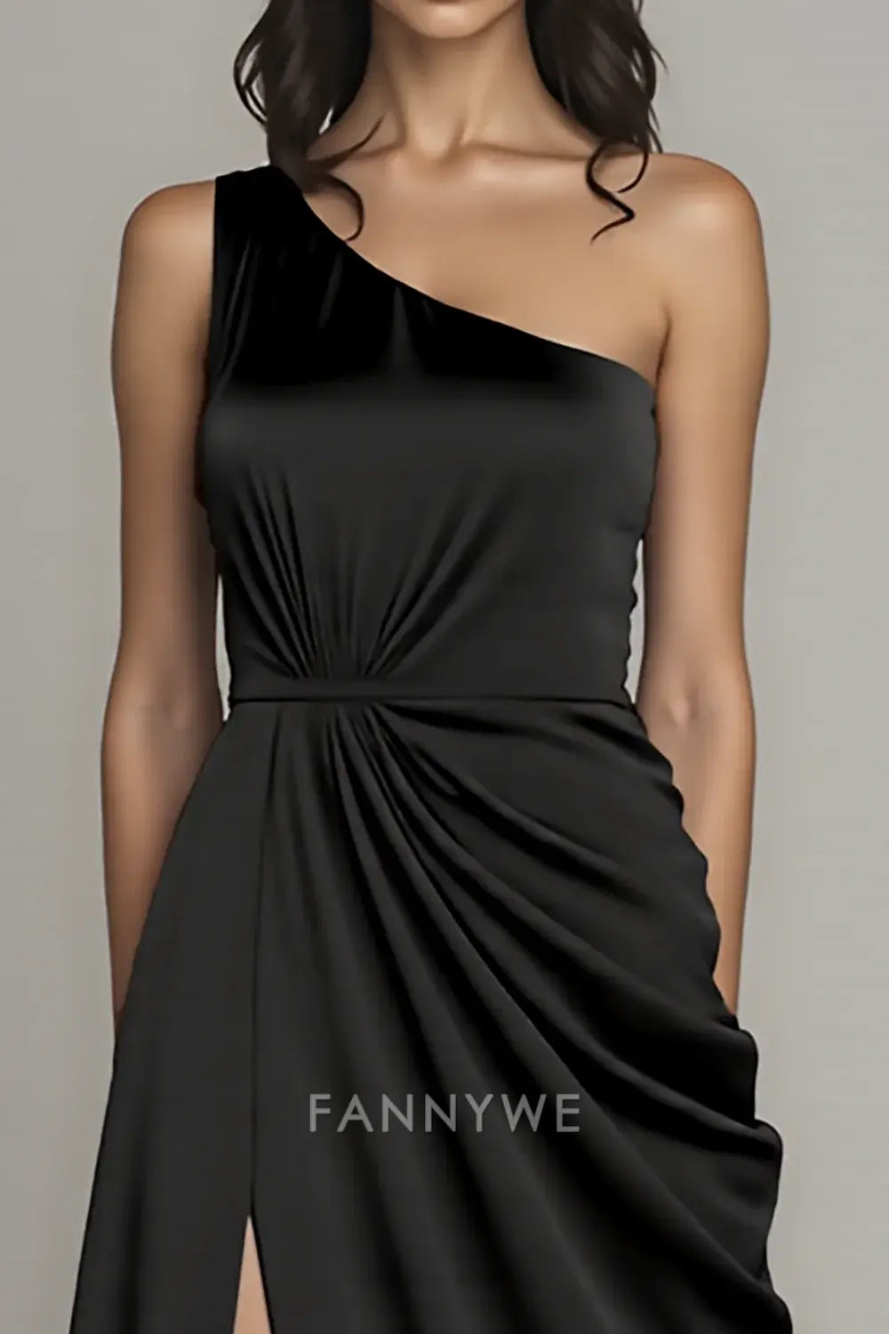 FannyWe Simple Black One Shoulder A Line Long Satin Formal Dress with Slit