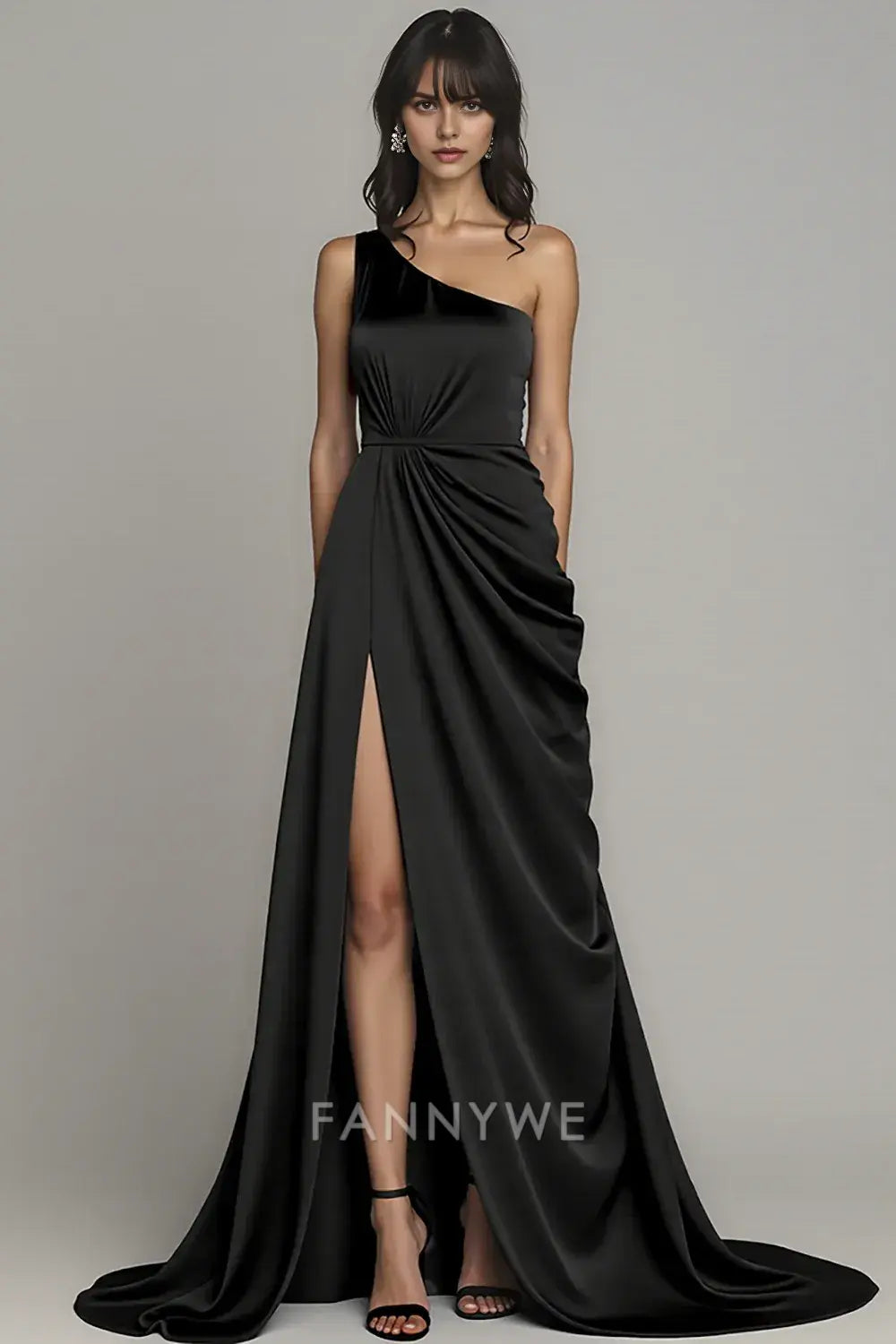 FannyWe Simple Black One Shoulder A Line Long Satin Formal Dress with Slit