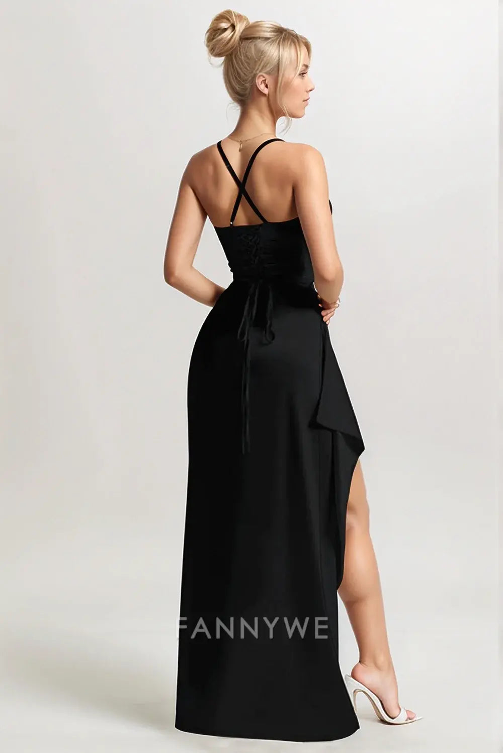 FannyWe Simple Black Ruched Spaghetti Straps Long Formal Dress with Slit