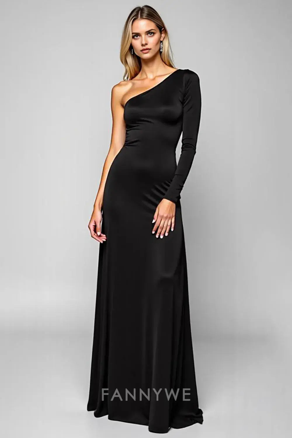 FannyWe Simple Black Satin One Shoulder Long Sheath Prom Dress with Sleeves