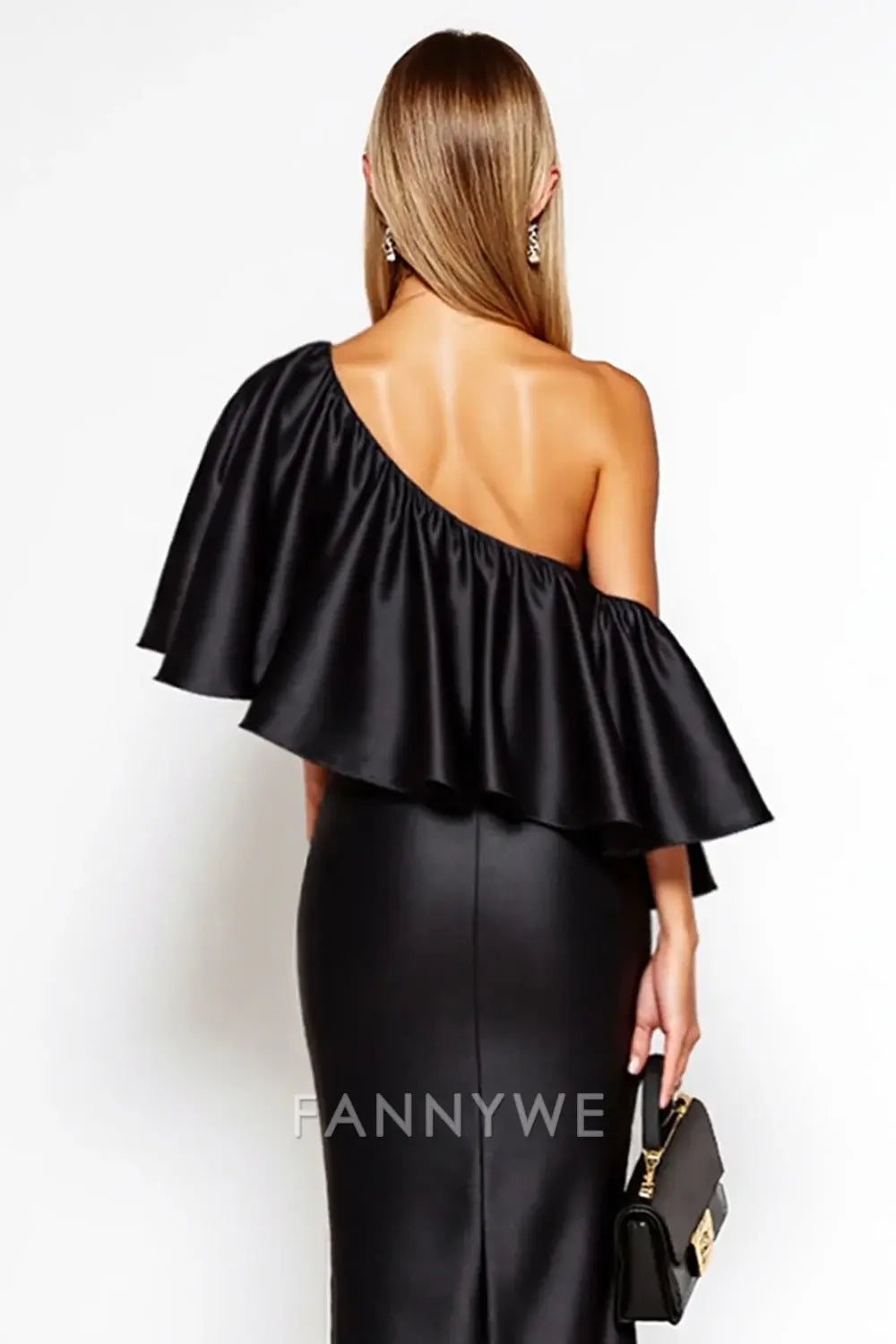FannyWe Simple Black Sheath One Shoulder Satin Long Black Tie Dress with Ruffles
