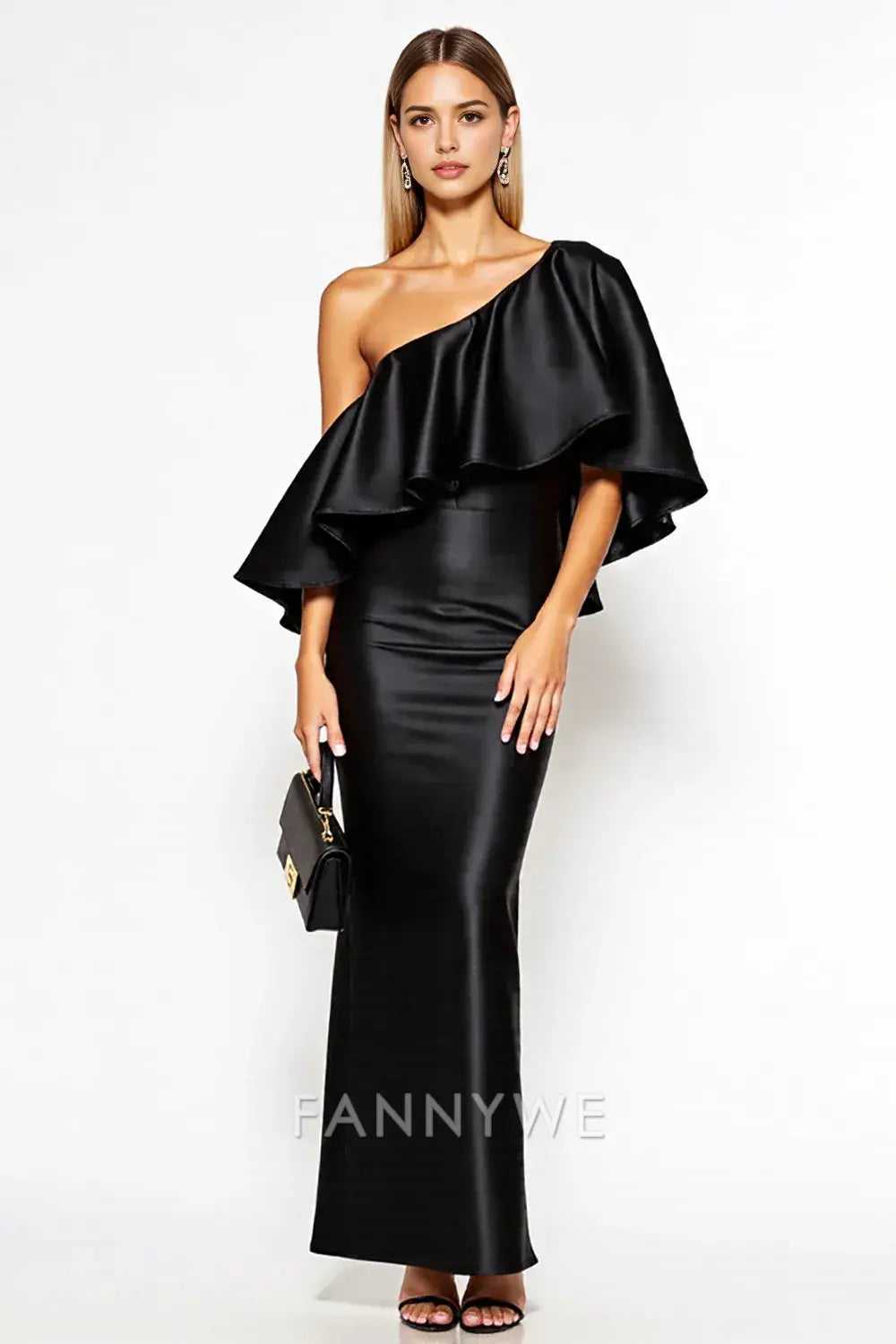 FannyWe Simple Black Sheath One Shoulder Satin Long Black Tie Dress with Ruffles