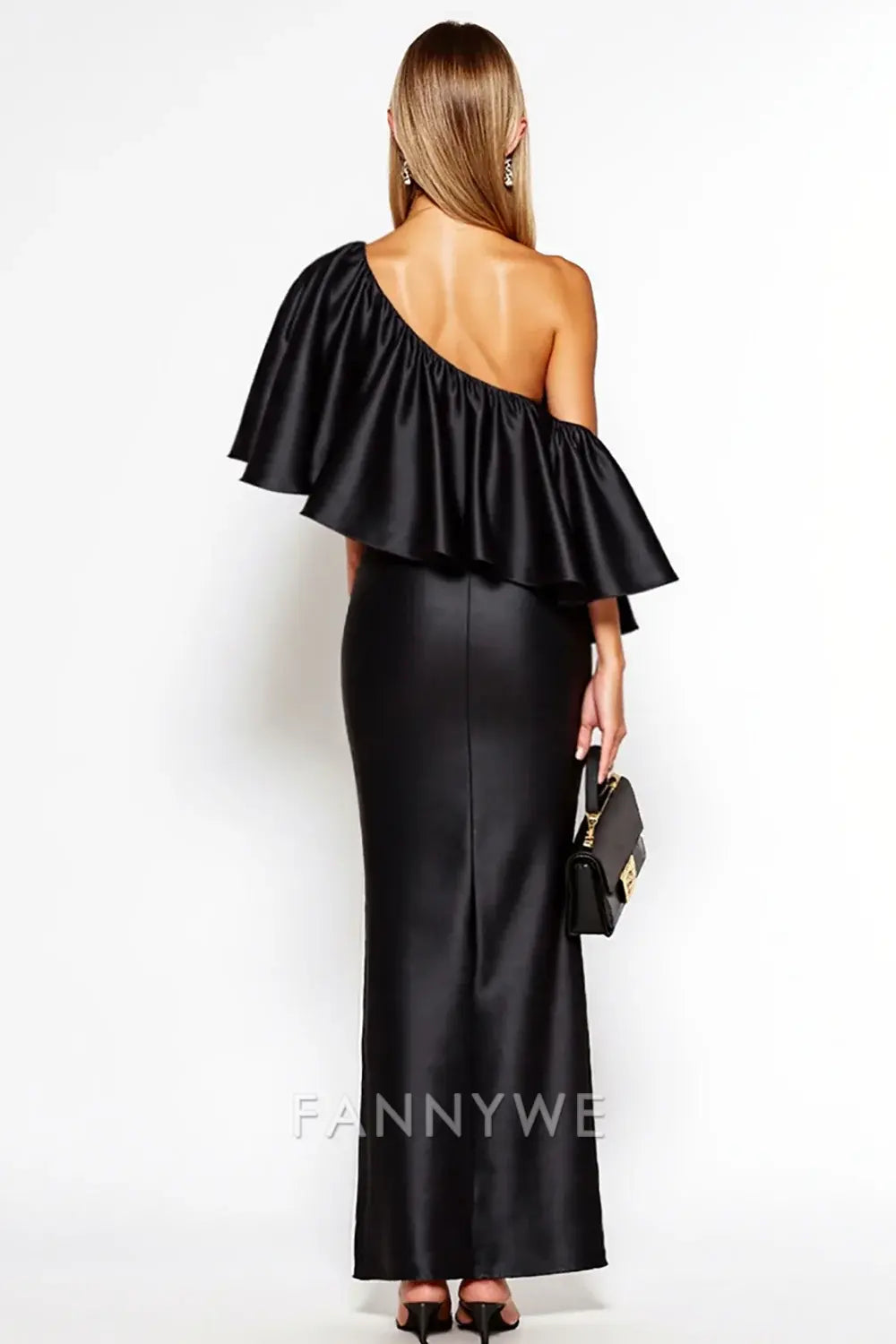 FannyWe Simple Black Sheath One Shoulder Satin Long Black Tie Dress with Ruffles