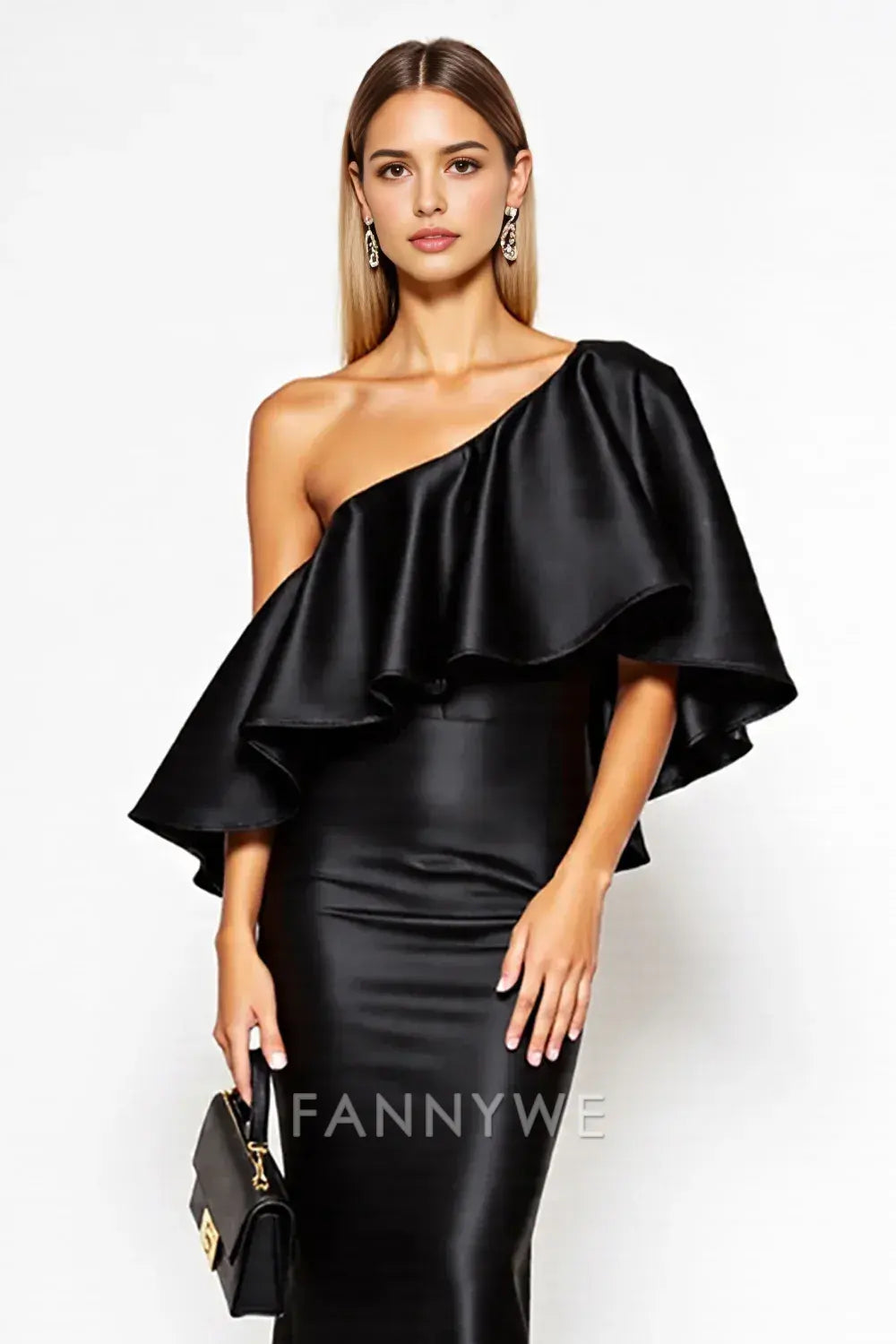 FannyWe Simple Black Sheath One Shoulder Satin Long Black Tie Dress with Ruffles