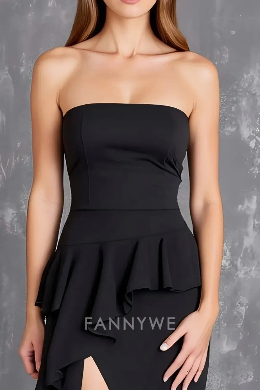 FannyWe Simple Black Sheath Satin Square Neck Long Formal Dress with Slit