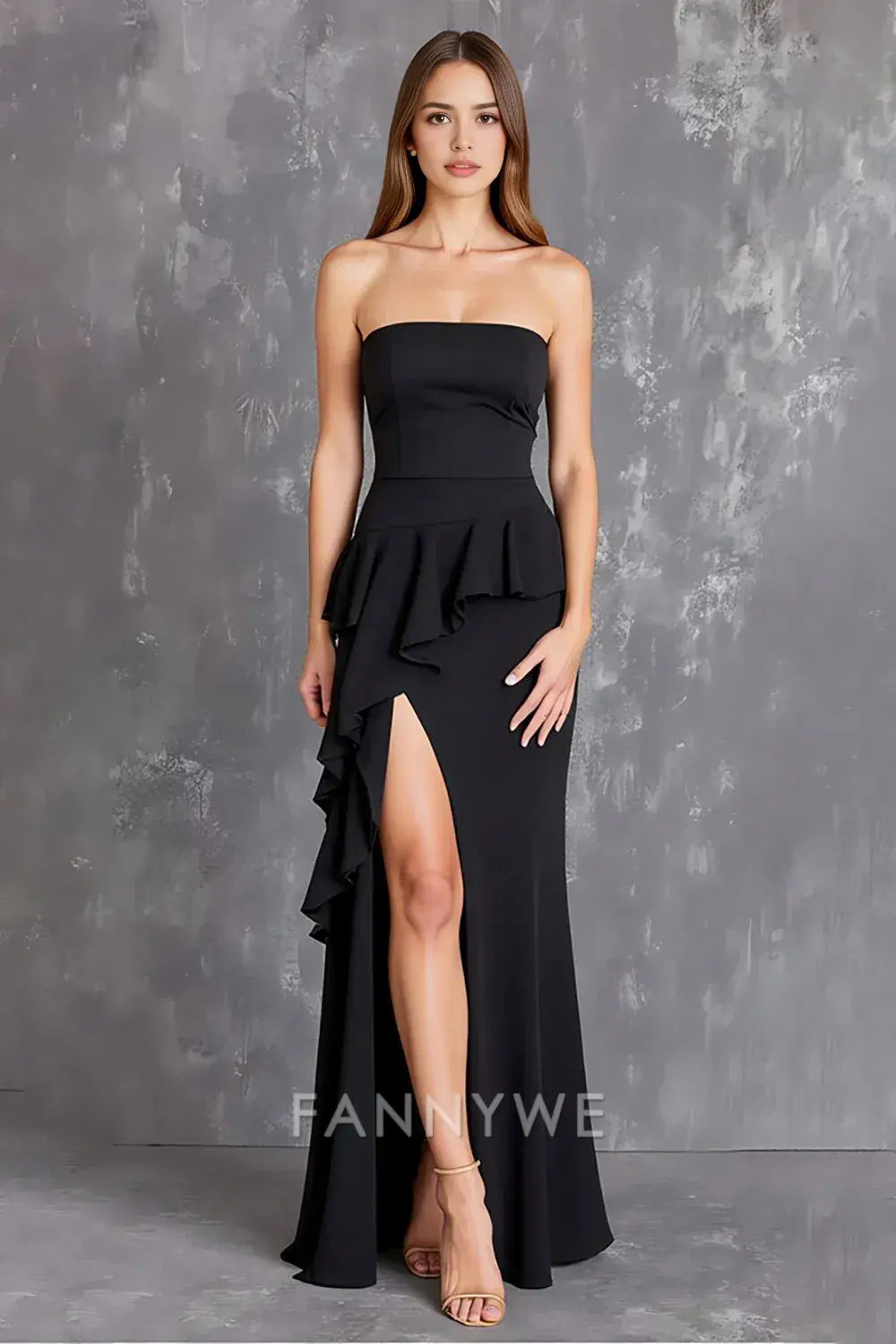 FannyWe Simple Black Sheath Satin Square Neck Long Formal Dress with Slit