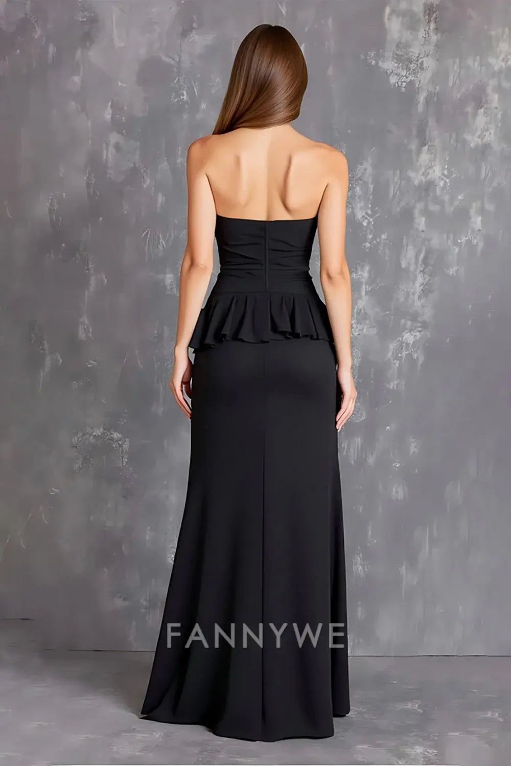 FannyWe Simple Black Sheath Satin Square Neck Long Formal Dress with Slit