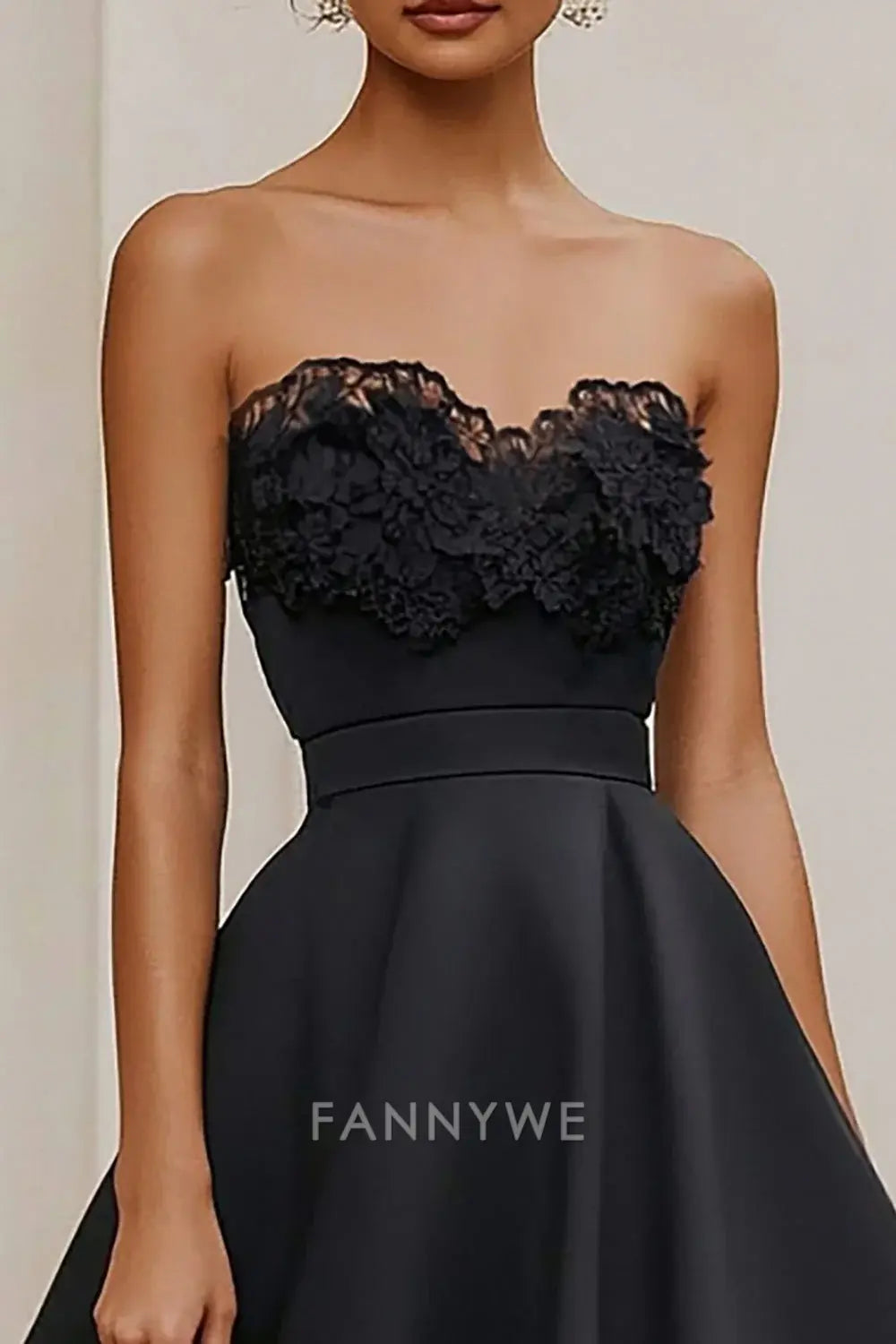 FannyWe Simple Black Strapless A Line Long Satin Formal Dress with Lace