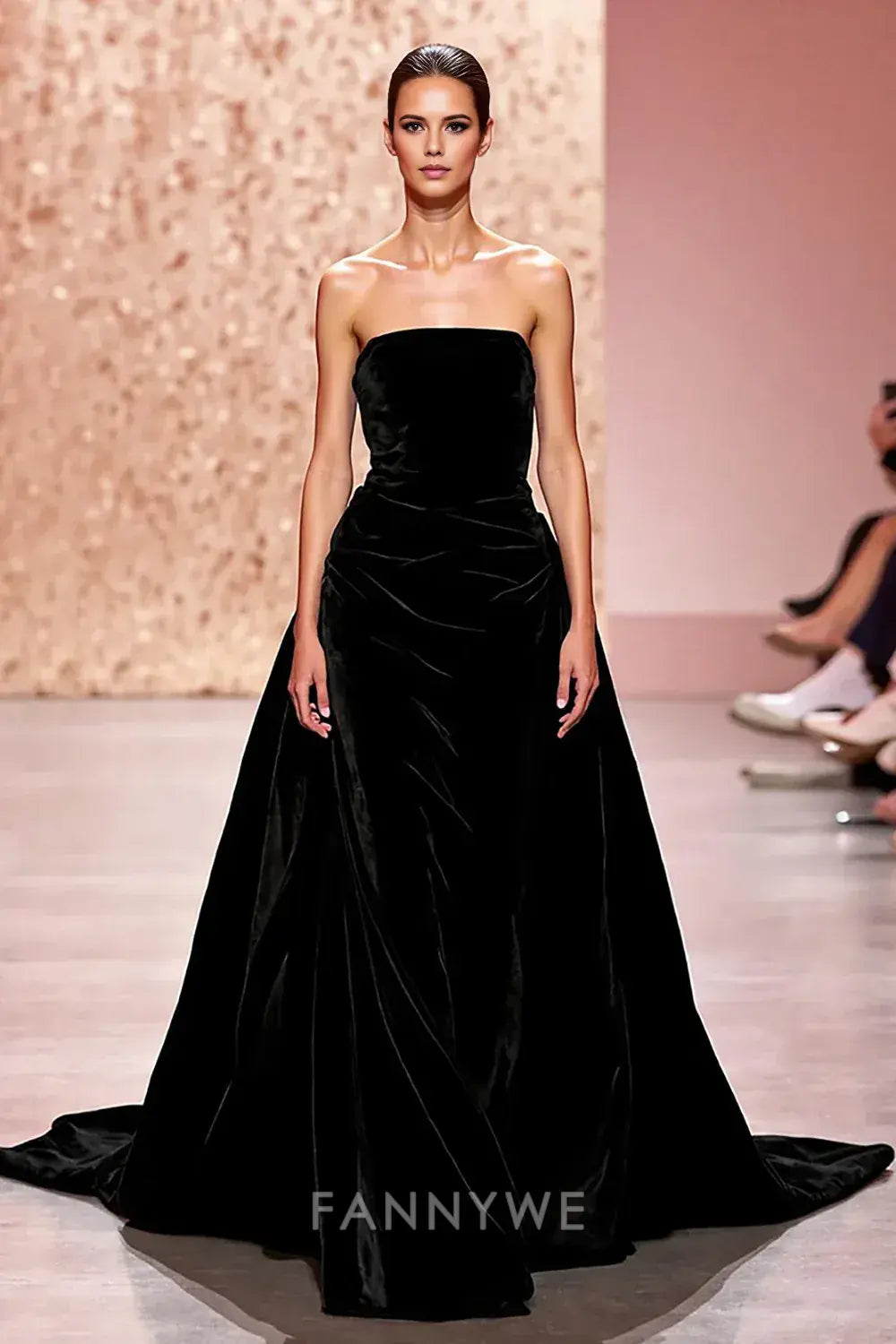 FannyWe Simple Black Strapless Velvet A Line Long Evening Dress