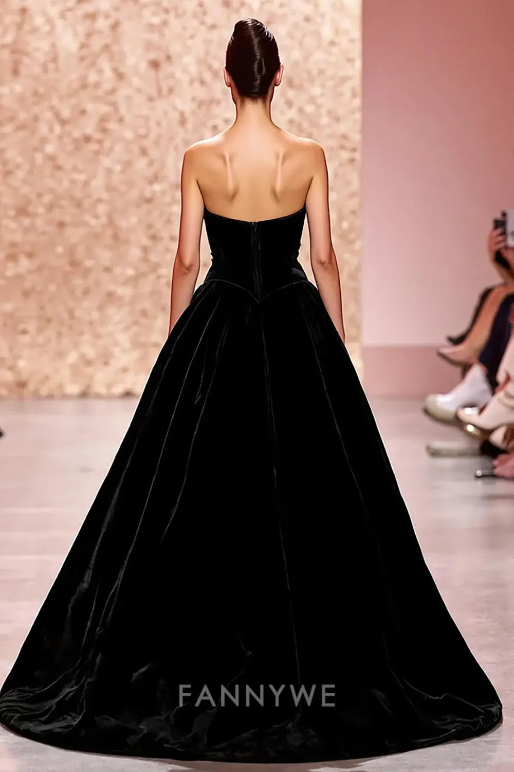 FannyWe Simple Black Strapless Velvet A Line Long Evening Dress