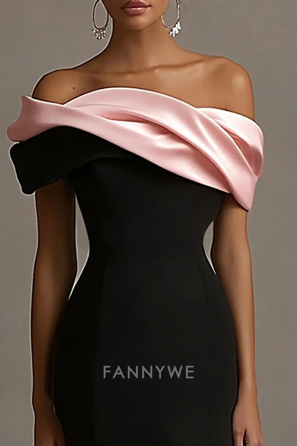 FannyWe Simple Black and Pink Satin Off the Shoulder Sheath Long Evening Dress