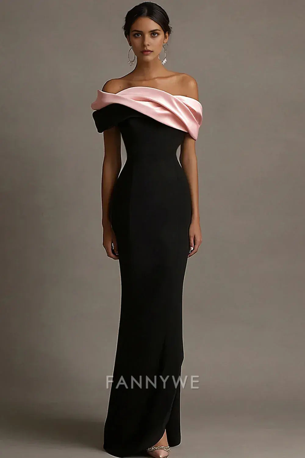 FannyWe Simple Black and Pink Satin Off the Shoulder Sheath Long Evening Dress