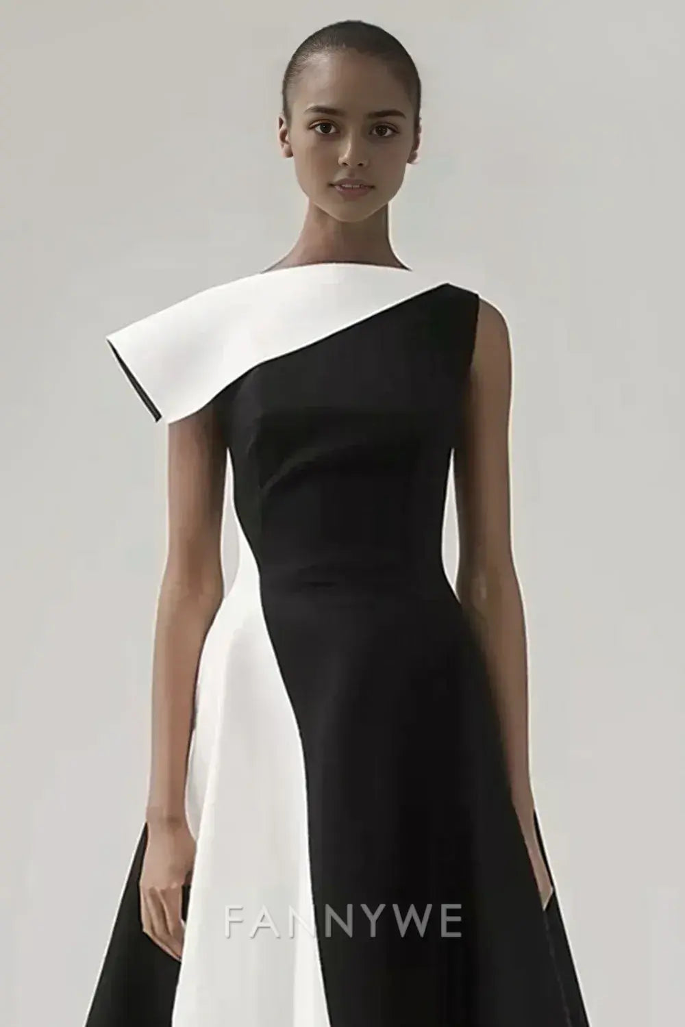 FannyWe Simple Black and White Patchwork A Line Asymmetrical Neck Black Tie Dress