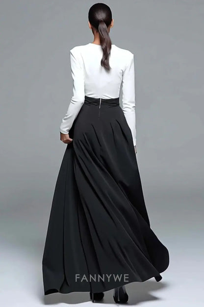 FannyWe Simple Black and White Patchwork Long Sleeves Formal Dress