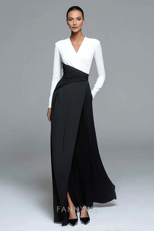 FannyWe Simple Black and White Patchwork Long Sleeves Formal Dress