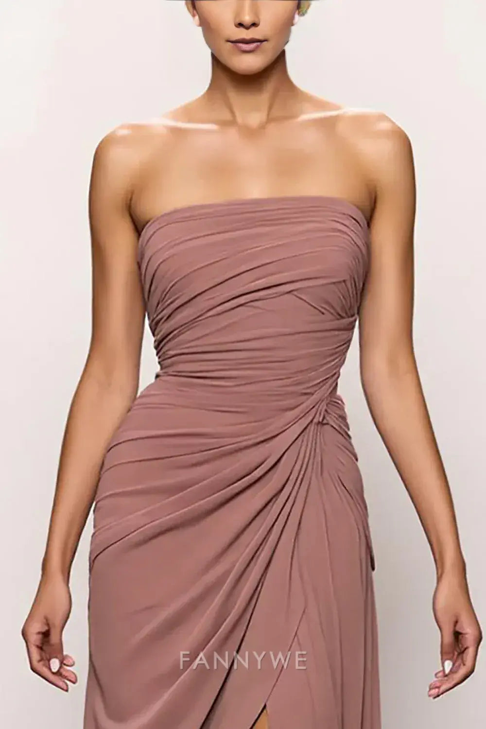 FannyWe Simple Blush Strapless Backless Ruched Long Evening Dress with Slit
